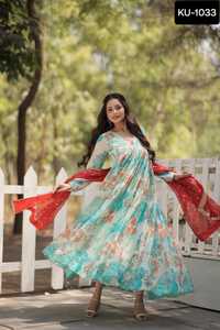 Ropa tradicional india Vestidos de lujo listos para usar de seda rusa con estampado digital con trabajo bordado con borde de encaje de diseñador - Product Image 4