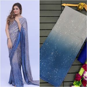 Nouvelle impression numérique Bollywood Georgette avec Sari de travail de broderie de séquence lourde de 3MM pour la vente en ligne - Product Image 4