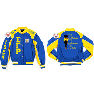 Sigma Gamma Rho แจ็กเก็ตทีมโรงเรียนคุณภาพสูงสำหรับผู้ชายและผู้หญิงแจ็กเก็ตกันหนาวปักด้วยกำมะหยี่แขนเสื้อเบสบอลกำหนดได้เอง - Product Image 1
