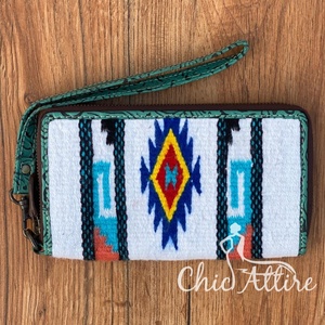 Manta de sillín occidental, cartera de mano de cuero en relieve turquesa para mujer, Cartera de mano con tarjetero de cuero genuino Floral - Product Image 1