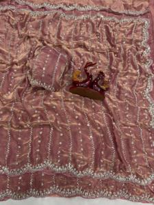 Sari Rosa de Seda Espacial para Bodas, Fiestas y Festivales Diwali, Último Modelo Tradicional Exclusivo con Blusa Elegante de Diseño Étnico para Mujer India - Product Image 4