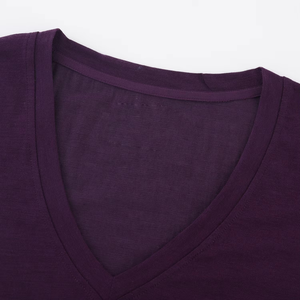 Camiseta Corta Personalizada de Color Morado Oscuro para Mujer, Cuello en V, Manga Corta, Algodón, Corte Holgado Informal, Lisa, OEM, ODM, Venta al Por Mayor - Product Image 3