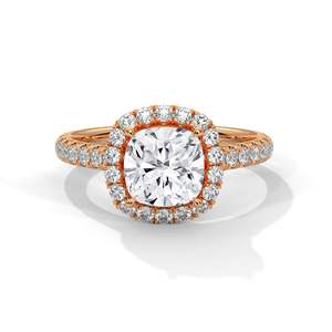 Bague de fiançailles halo en diamant de laboratoire taille coussin, 2 carats au centre, en or massif, avec pavé de diamants délicat, Or jaune, rose et blanc - Product Image 2