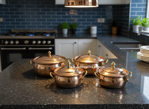 ชุดหม้อทองแดงตีขึ้นรูปด้วยมือ พร้อมหูจับและฝาปิดทองเหลือง ดีไซน์หรูหราเป็นมิตรกับสิ่งแวดล้อม สำหรับโรงแรม - Product Image 5