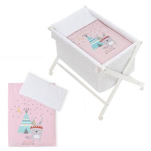 Cuna Moderna TIPI OSO en Roble Blanco con Ropa de Cama, Colchón y Diseño de Dibujos Animados Rosa con Técnicas de Tejido - Product Image 1