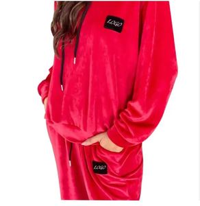 Chándal de terciopelo de calidad personalizada para mujer, conjuntos de pantalón con cintura elástica y Sudadera con capucha, traje deportivo, chándal de terciopelo con logotipo bordado - Product Image 2