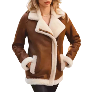 Chaqueta de bombardero con cremallera de cuero de piel de oveja Premium marrón, abrigo con forro de piel de oveja, chaqueta de bombardero para mujer - Product Image 1