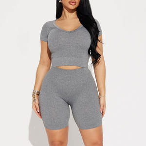 Sujetador deportivo de gimnasio de 15 colores con logotipo personalizado para mujer, pantalones cortos transpirables que absorben la humedad, patrón sólido, conjunto de Yoga de 15 colores - Product Image 4