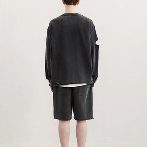 100% coton surdimensionné goutte épaule déchiré vintage lavage streetwear col rond français éponge blanc en détresse sweat à capuche - Product Image 5