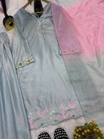 Traje de 3 Piezas TENNECY Silk Farshi Salwar Kameez, Cosido, Sin Arrugas, Elástico, Azul, Bordado, Estilo Fiesta, Boda, Diwali