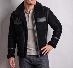 Men's <b>Black</b> <b>Suede</b> Bomber <b>Jacket</b> Faux Fur Lining Zipper Closure Turn-down Collar Moto Style Winter Wear - Product Image 1