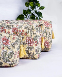 Natural Cotton Eco-Friendly Cosmetic <b>Bags</b> Set | Hand Quilted <b>Large</b> for Organizer | Vintage Water Resistant Travel Case - Product Image 3