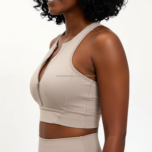 Custom Front Zipper Sports <b>Bra</b> High Neck Yoga Top Beige Athletic Crop Top Racerback Gym <b>Bra</b> Sleeveless Workout Wear for Women - Product Image 3