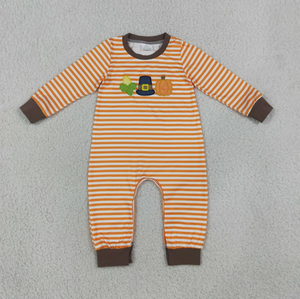 Combinaison rayée pour bébé garçon avec applique citrouille, combinaison à manches longues pour l'automne, col rond, fermeture à boutons-pression - Product Image 2