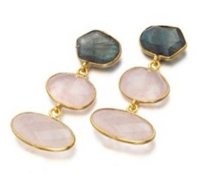 Boucles d'oreilles ovales en argent Sterling 925, calcédoine rose et Labradorite - Product Image 1