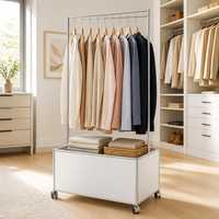 Porte-vêtements en métal blanc sur roulettes avec bac de rangement, organisateur modulaire pour chambre et buanderie, taille personnalisable, salle à manger