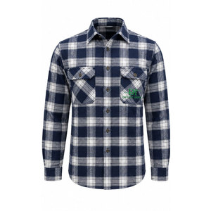 เสื้อเชิ้ตทำงานแขนยาวลายสก็อตสีขาวกรมท่าสำหรับผู้ชาย ผ้าฝ้ายใส่สบาย พิมพ์ลายโลโก้ด้านหน้า - Product Image 2