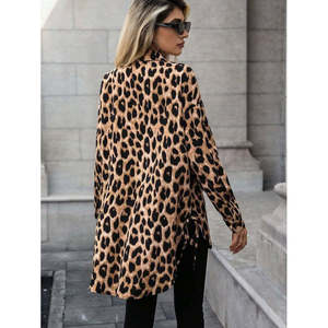 Women'<b>s</b> Long-Sleeved Collared Button-Front, Side-Tie Leopard Print Modal <b>Blouse</b>, 30331 - Leopard - Product Image 4