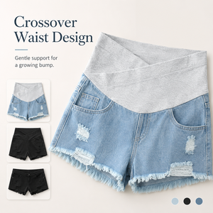 Shorts en jean <span class=keywords><strong>de</strong></span> maternité <span class=keywords><strong>taille</strong></span> haute pour femme enceinte avec soutien abdominal et poches – Collection été en promotion - Product Image 1