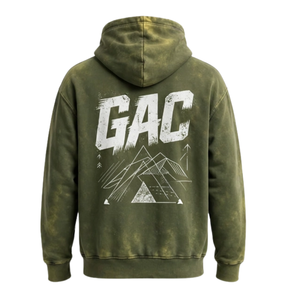เสื้อฮู้ดดี้ผู้ชายสีเขียวมะกอกสไตล์วินเทจ ผ้าฝ้าย 100% ลายกราฟิกภูเขา ตัวอักษรพิมพ์ ทรงโอเวอร์ไซส์ มีกระเป๋าจิงโจ้ - Product Image 2