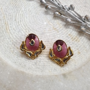 Pendientes de tuerca Kundan Rosa chapados en oro de 22 quilates, diseño Floral, joyería tradicional india hecha a mano para mujeres y niñas - Product Image 4