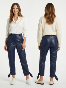 Vêtements de bureau sur mesure, pantalon droit en similicuir, taille haute, noir, détail de lien à la cheville, pantalon en cuir décontracté et tendance pour femmes - Product Image 3