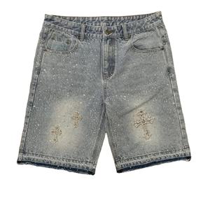 Manufacturer Custom Men's Streetwear Rhinestone Baggy Long Jorts Oversized Acid Wash Distress 100% Cotton Denim <b>Jean</b> <b>Shorts</b> Men - Product Image 3