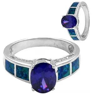 925 Silver Women's Romantic Fashionable Oval <b>Opal</b> Inlay <b>Ring</b> 18K Gold Plated Jewelry with <b>Blue</b> Gemstone Number Shape - Product Image 1