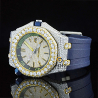 Montre pour homme unique en acier inoxydable bleu avec bracelet, sertie de moissanite taille brillant et de diamants de clarté VVs, mouvement mécanique analogique en verre