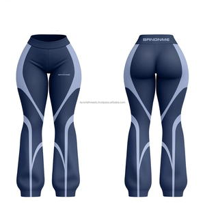 Pantalones acampanados elásticos de poliéster y spandex de primera calidad, 260 GSM, color beige, tela suave con paneles laterales curvos en contraste, estampado por sublimación - Product Image 1