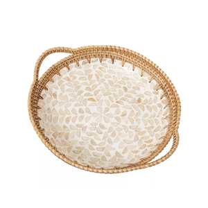 Plateau de service rond en rotin avec incrustation de nacre bohème, plateau de service rond décoratif en provenance du Vietnam - Product Image 2