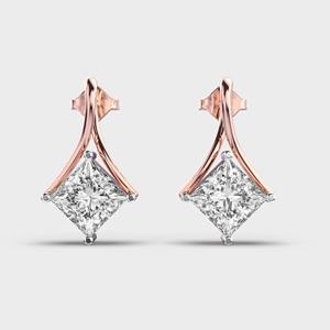 Boucles d'oreilles clous en or jaune/blanc/rose 9K avec diamants taille princesse, design moderne en forme de goutte - Product Image 1