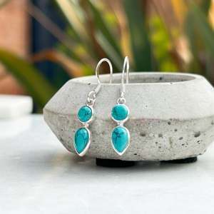 Dainty Turquoise Droplet <b>Earrings</b> Sized 19 Mm X 6.5 Mm <b>Set</b> In 925 <b>Sterling</b> <b>Silver</b> Round And Pear Birthday Gifting Special - Product Image 1