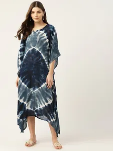 Summer Vibes Rayon Tie-Dye Women's Wear Long Kaftan Dress Round Neck Long Dress Short Sleeve Vacation & Beach Wear Long Dress - Product Image 2