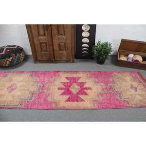 2.9x9.8 ft Vintage <b>Rug</b>, Turkish <b>Runner</b> <b>Rug</b>, Pink Brown Ikat <b>Rug</b> - Product Image 3