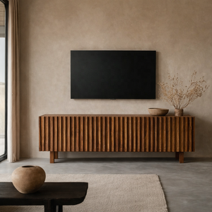 Meuble TV VERTICO en bois de manguier massif à nervures |   Meuble de rangement pour salon avec 2 étagères et 2 compartiments |   Hôtel Moderne - Product Image 1