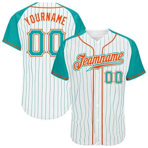 Meilleures ventes Maillot de baseball à manches raglan authentique Aqua-Orange à fines rayures blanc personnalisé Design d'ensemble respirant pour l'équipe - Product Image 1