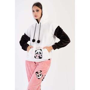 Conjunto de pijama de mujer con capucha suave, hombros caídos, mangas largas, bolsillos canguro y puños, con bolsillos tipo pacasi y bolsillos tipo buzgulu - Blanco - Blanco - Product Image 1