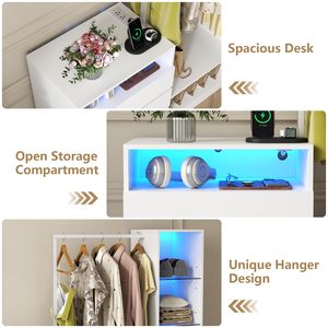 Armoire ouverte moderne avec éclairage LED, <span class=keywords><strong>commode</strong></span> de chambre <span class=keywords><strong>blanche</strong></span> avec porte-vêtements <span class=keywords><strong>et</strong></span> étagères en verre, organisateur de placard intelligent à 3 tiroirs - Product Image 4