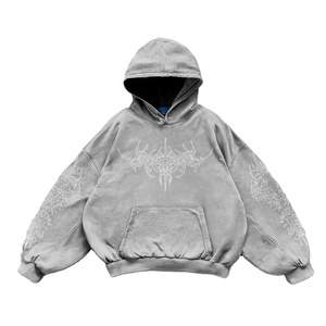Acid Wash Boxy recadrée à capuche unisexe 100% coton Prolmer sweat sérigraphie Streetwear pull à capuche - Product Image 6