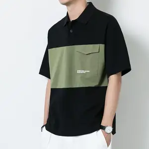 Grosir Kaus Polo Colorblock Kualitas Tinggi dengan Saku Polos Kaus Golf Kasual Logo Kustom Kemeja Polo Sederhana untuk Pria