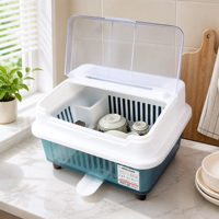 Boîte de rangement pour vaisselle en plastique, séchoir à vaisselle anti-poussière, égouttoir ventilé pour bols et baguettes avec couvercle