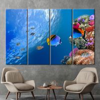 Ocean Serenity Art Deco – Panneau d'art imprimé sur toile, représentant des poissons tropicaux et un paysage marin sous-marin, 4 pièces, encadré, à suspendre au mur