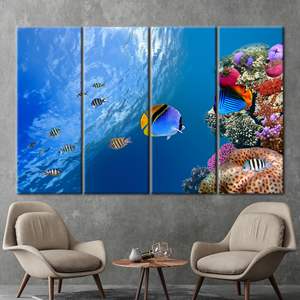 Serenidad Oceánica: Lienzo Impreso con Peces Tropicales y Paisaje Marino Subacuático, 4P: Enmarcado en Galería - Product Image 1
