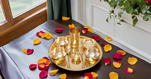 Indian Traditional Dinner Set Handcrafted Brass Thali Plate Bowls with Glass Spoon Beautiful Tableware Gift for Dinner - Product Image 6