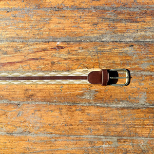 เข็มขัดลำลองของผู้ชายแบบวินเทจสายรัดผ้าทอลายทางทำจากโพลีเอสเตอร์พร้อมแถบหนังเย็บและหัวเข็มขัดทองเหลือง - Product Image 5