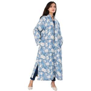 Veste longue faite à la main en coton imprimé de blocs avec manteau superposé de style bohème zippé pour femmes, vêtements d'extérieur ethniques élégants pour l'hiver et l'automne - Product Image 3