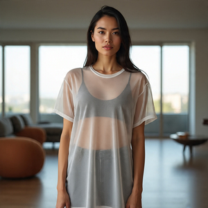 เสื้อยืดตาข่ายผ้าโปร่งสำหรับผู้หญิงเสื้อยืดคอกลมแขนยาวผ้าโพลีเอสเตอร์เซ็กซี่สำหรับผู้หญิงเสื้อตาข่ายโปร่งแสง - Product Image 3