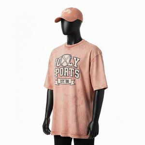 100% cotton T-shirt for men loose fit printed Men Acid Wash Shirt Heavyweight Cotton Fabric Wash Texture Oversized Pigment <b>Logo</b> - Product Image 4