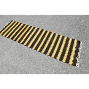 Turkish Rug, Runner 2.1x7.3 ft Vintage Rug, Black <b>Yellow</b> Patchwork <b>Wool</b> Rug - Product Image 4